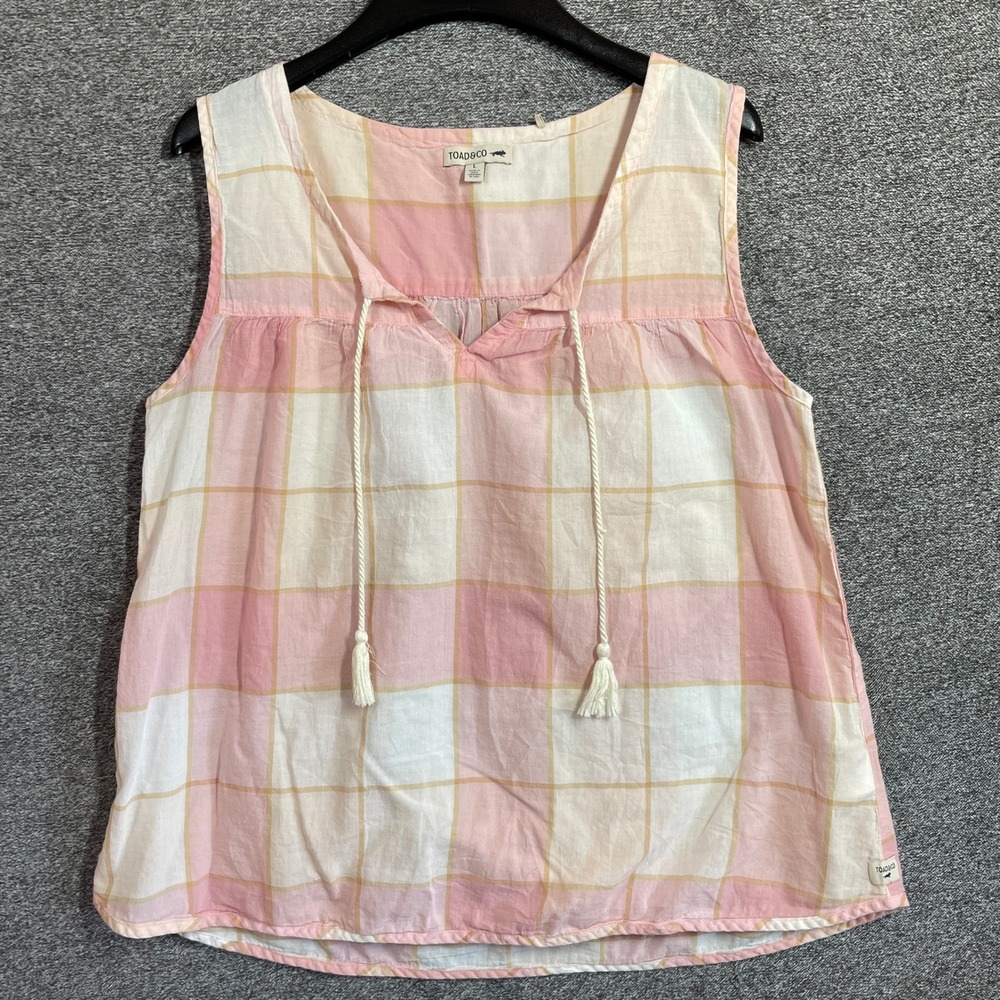 Toad&Co Pink Plaid Organic Cotton Sleeveless Tassel Tie Tank Top Large